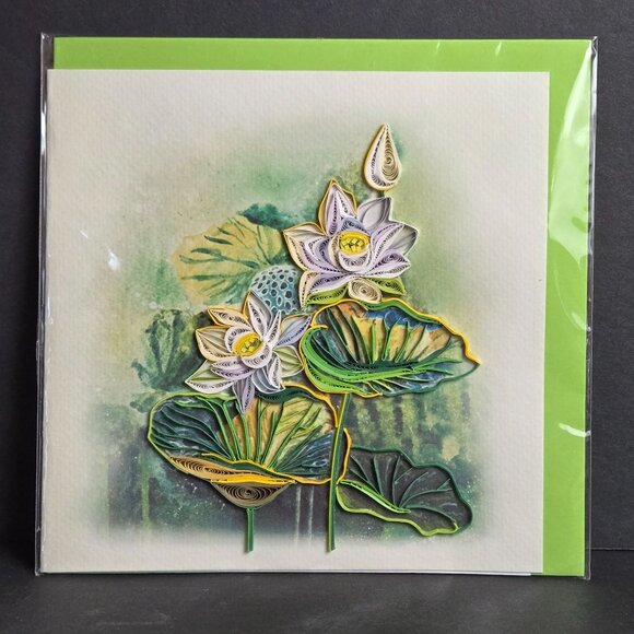 YoderDo Quilling Handmade Greeting Card 3D Lotus Water Lily Art Design 6x6" - Picture 1 of 6